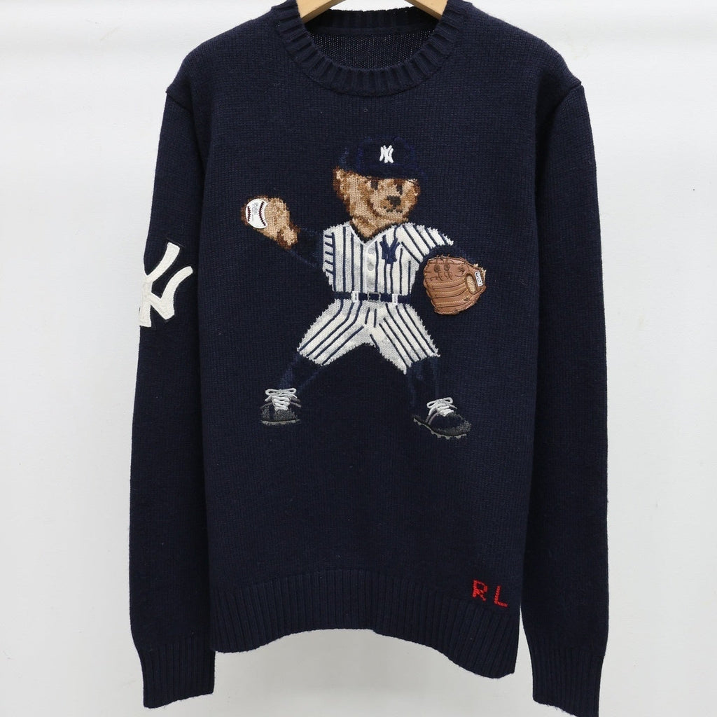 Suéter de punto de oso de béisbol azul marino