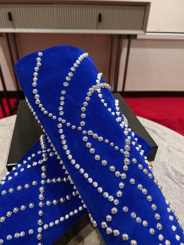 Botas de tacón de aguja de ante azul para mujer con adornos de cristal