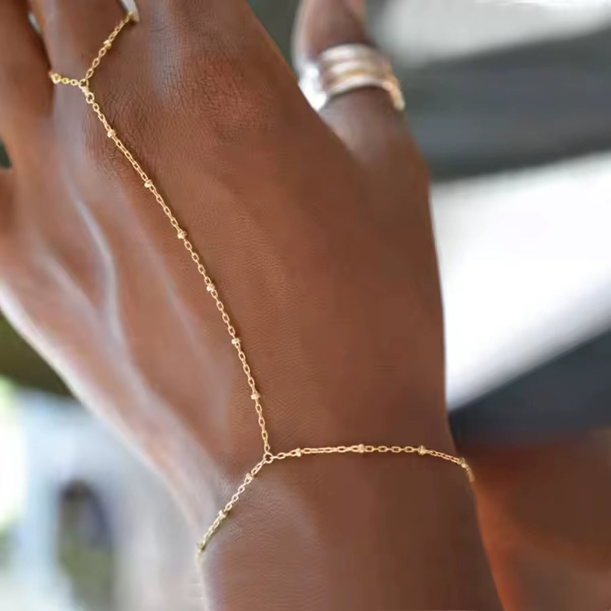 Minimal Hand Chain Bracelet with Ring Link
