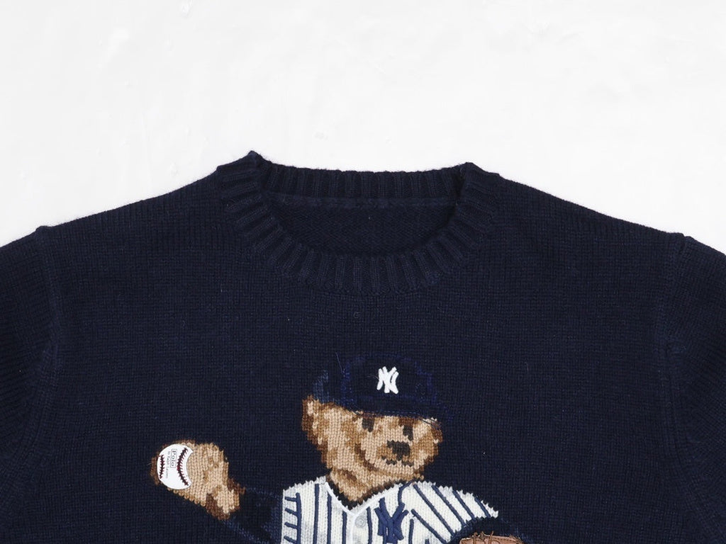 Suéter de punto de oso de béisbol azul marino