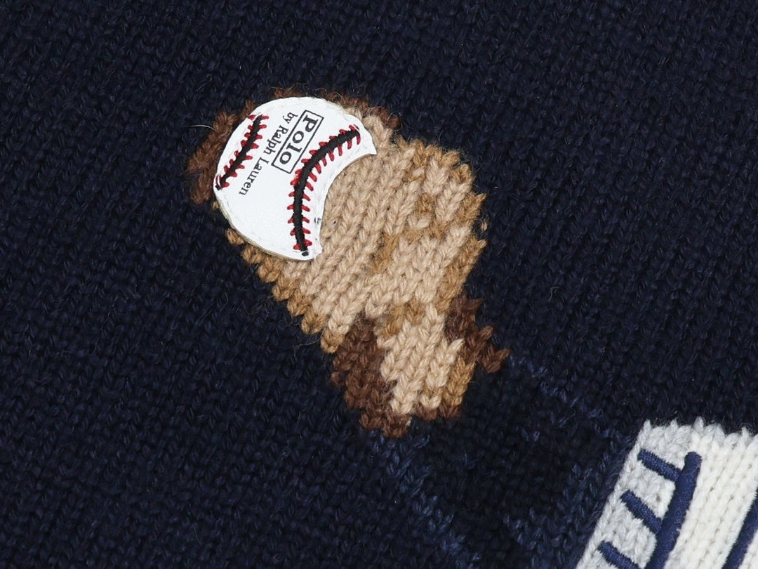 Suéter de punto de oso de béisbol azul marino