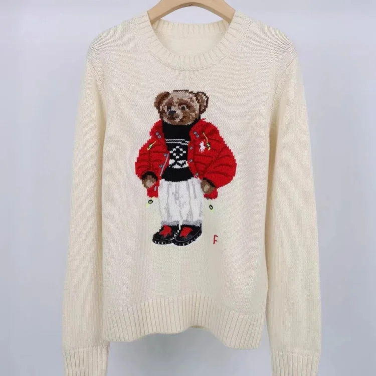 Suéter de punto color crema con forma de oso de invierno