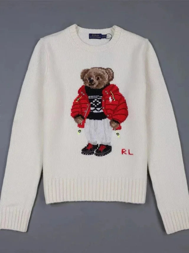 Suéter de punto color crema con forma de oso de invierno